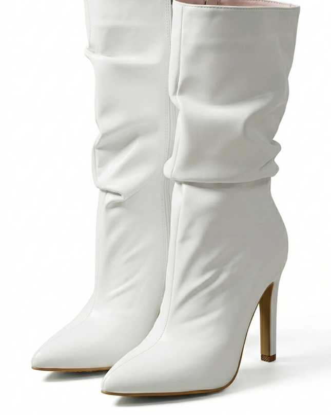 White Faux Leather Ruched High Heel Booties