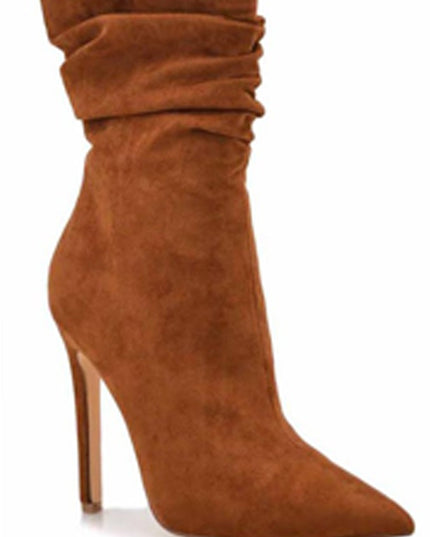Brown Side Zipper Suede Pointy Toe High Heel Booties