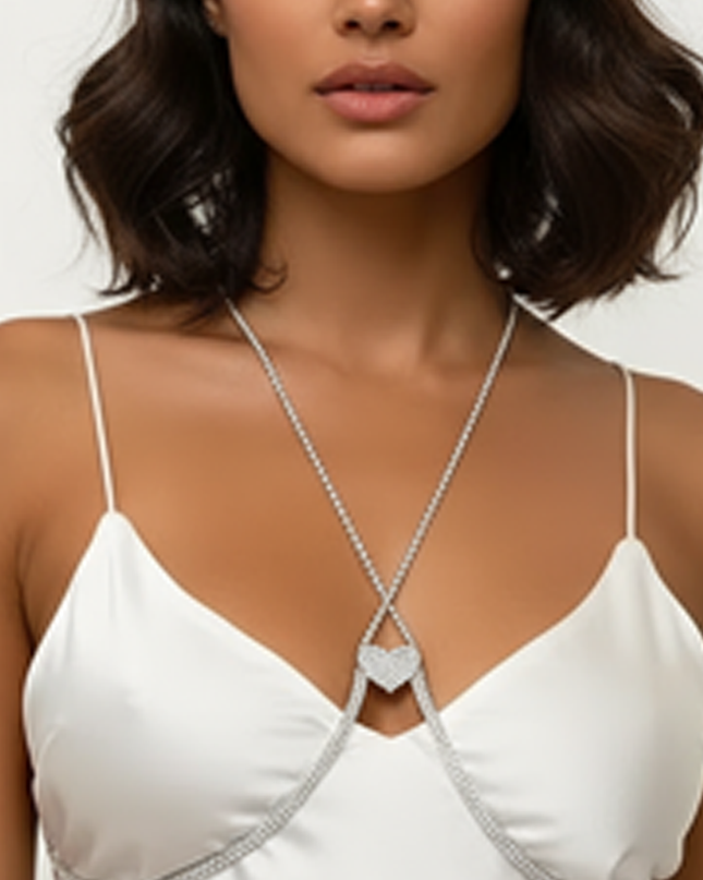 Silver Heart Crystal Bra Chain