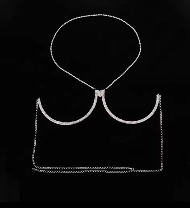 Silver Heart Crystal Bra Chain