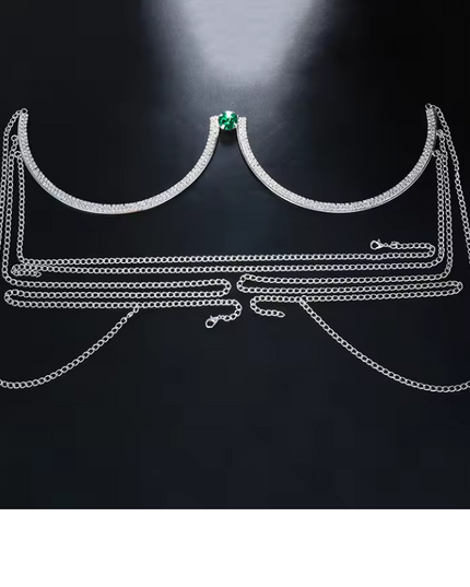 Silver Green Crystal Bra Chain