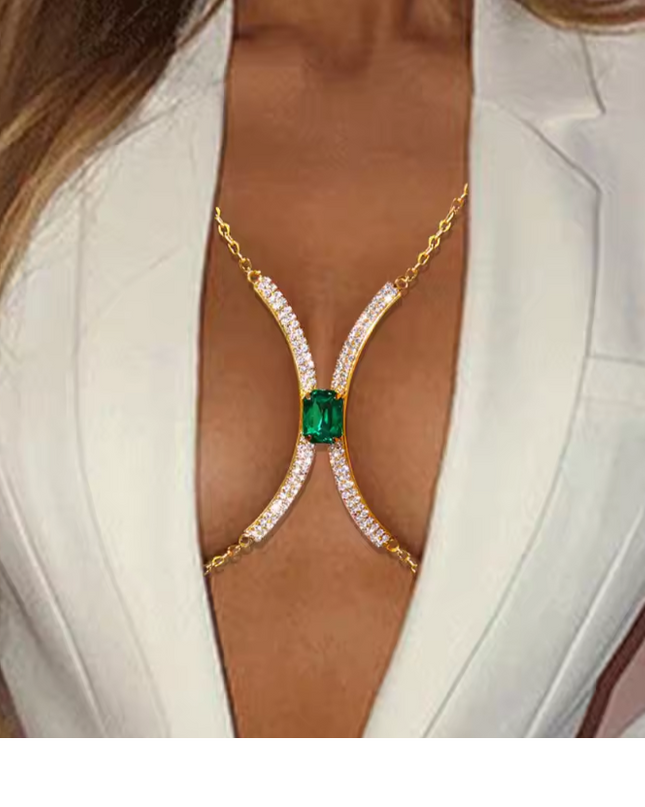 Gold Crystal Green Gem Bra Chain