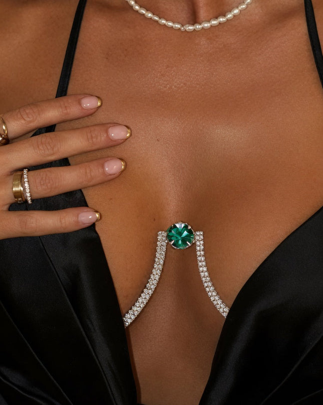 Gold Green Crystal Bra Chain