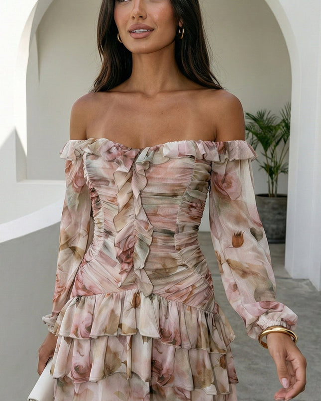 Beige Multi Floral Off Shoulder Ruffle Mini Dress