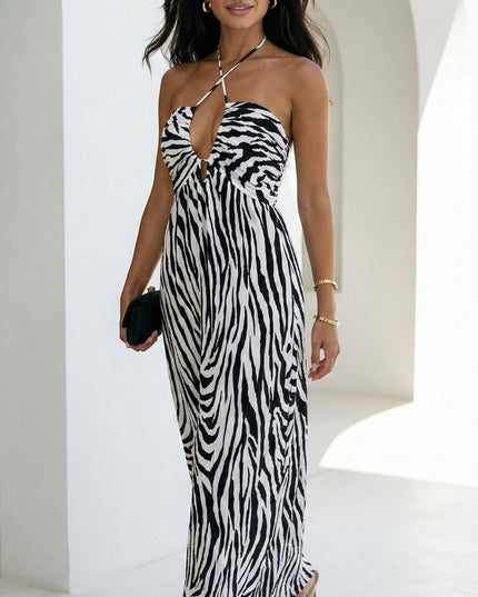 White Zebra Pleated Halter Maxi Dress