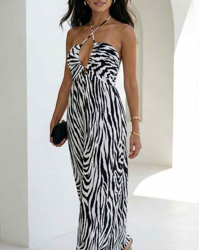 White Zebra Pleated Halter Maxi Dress