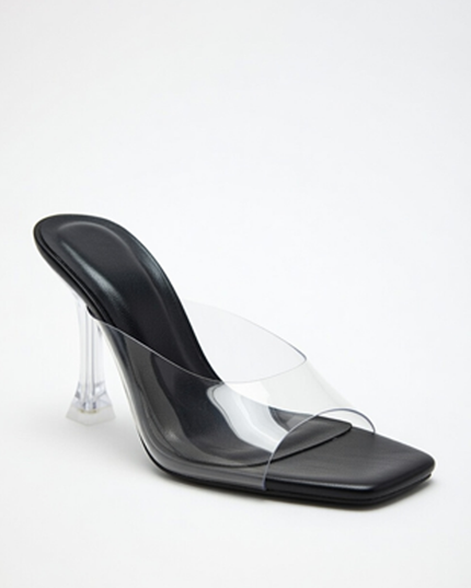 Black Clear Strap Mule Heels