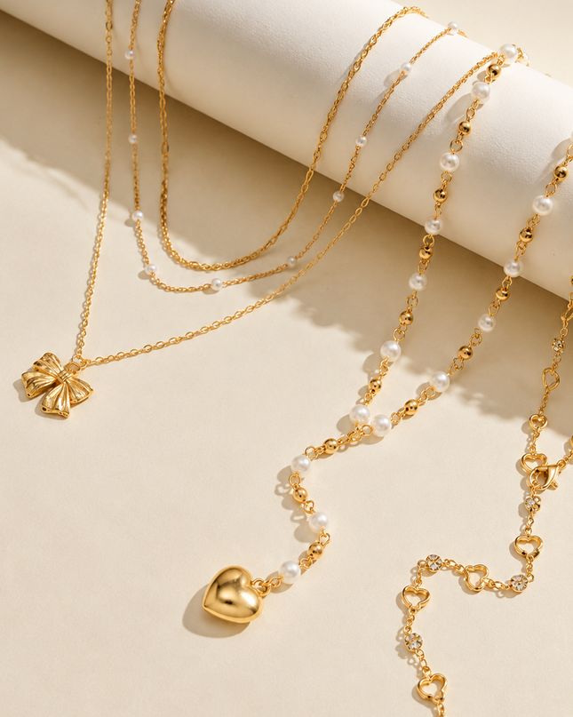 Gold Pearl Heart Lariat Necklace