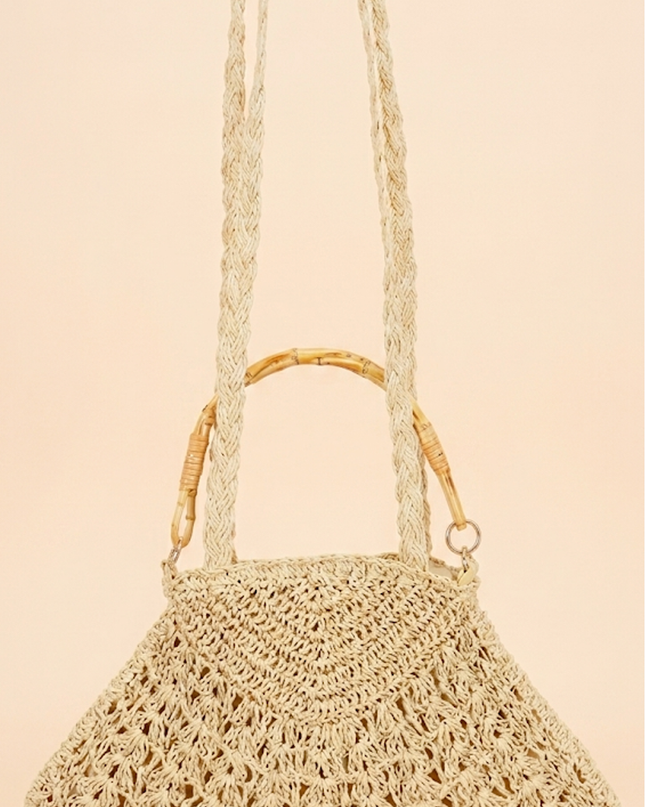 Ivory Faux Straw Bamboo Handle Bag