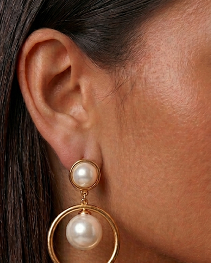 Gold Pearl Drop Hoop Earrings