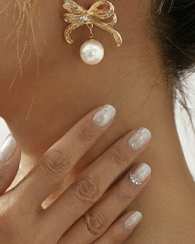 Gold Rhinestone Bow Pearl Drop Earrings