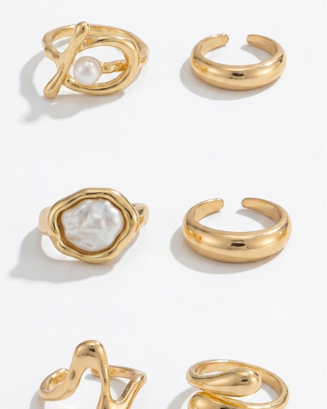 Gold Pearl 6 Piece Ring Set