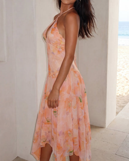 Orange Multi Floral Halter Asymmetric Midi Dress