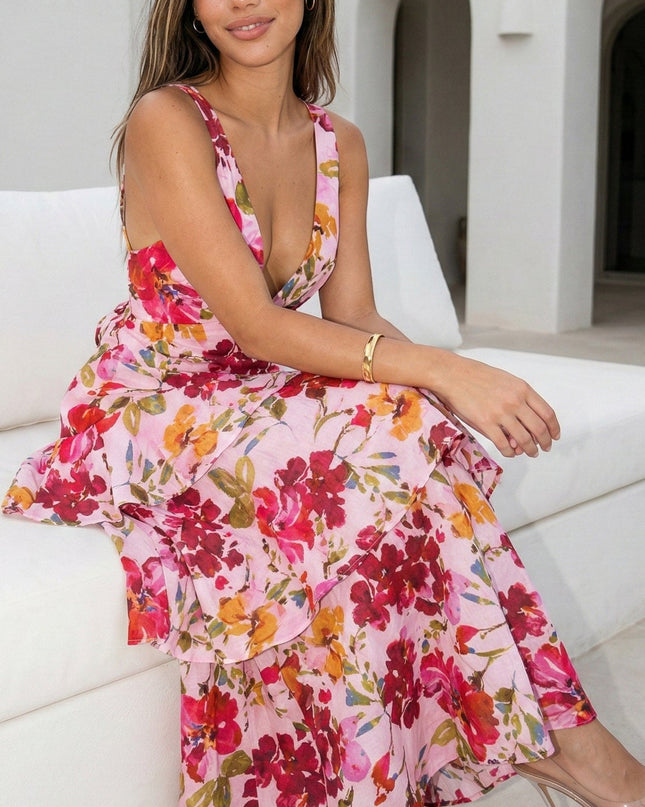 Floral Pink Floral Ruffled Maxi Dress
