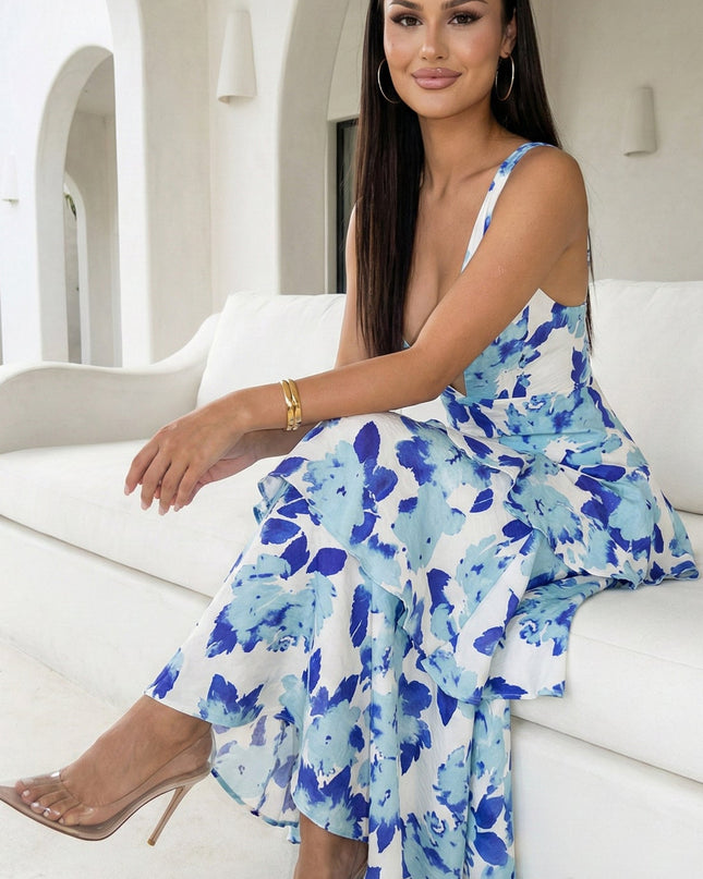 Floral Blue Floral Ruffled Maxi Dress