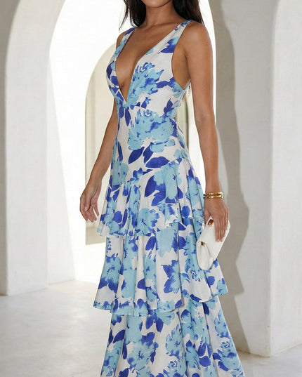 Floral Blue Floral Ruffled Maxi Dress