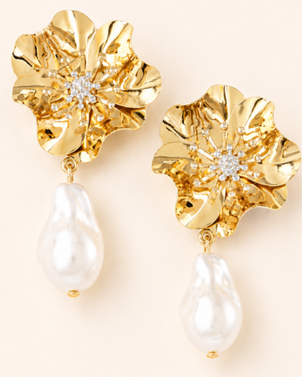 Gold Flower Pearl Drop Earrings