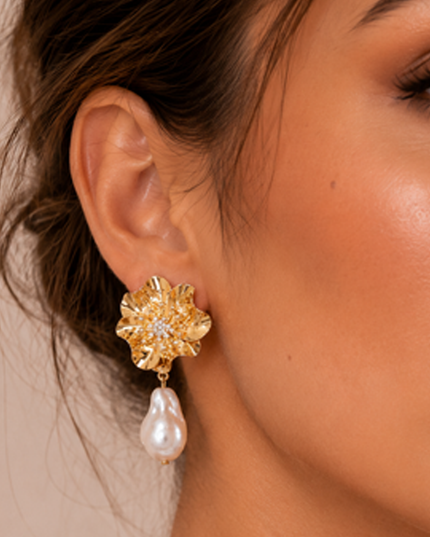 Gold Flower Pearl Drop Earrings