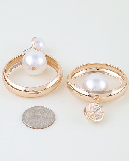 Gold Pearl Drop Hoop Earrings