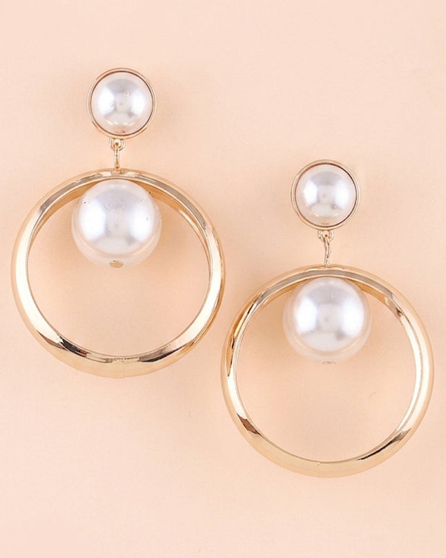 Gold Pearl Drop Hoop Earrings