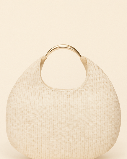 Beige Faux Straw Metal Handle Hobo bag