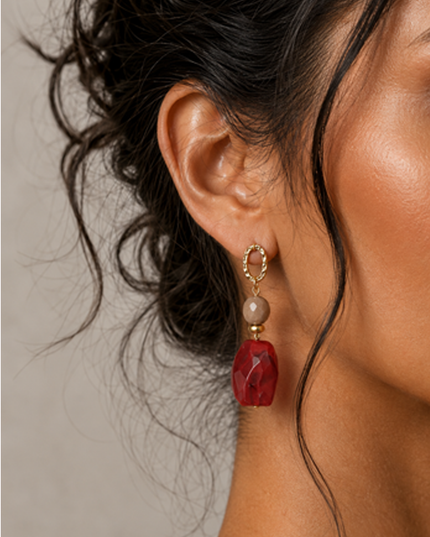 Red Stone Beaded Drop Earrings