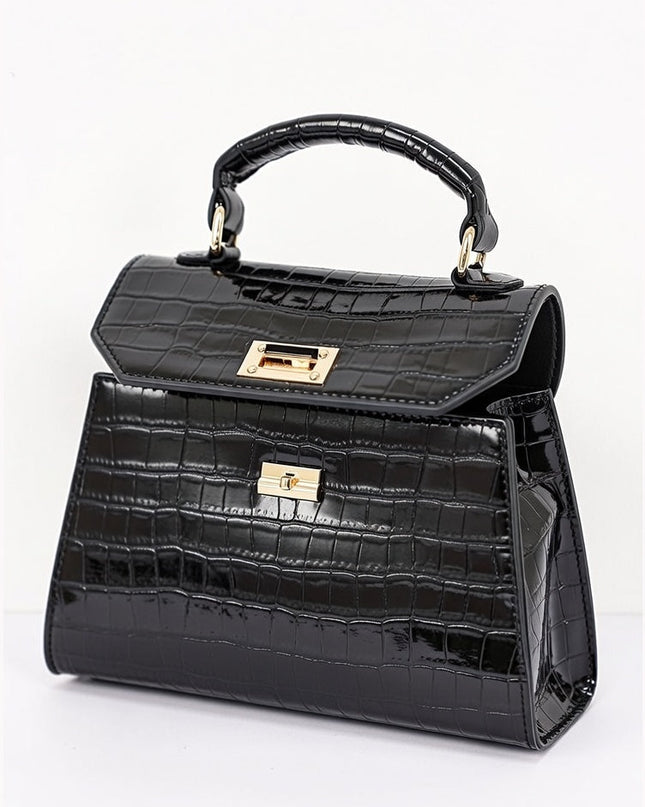 Black Faux Croc Top Handle Crossbody Bag
