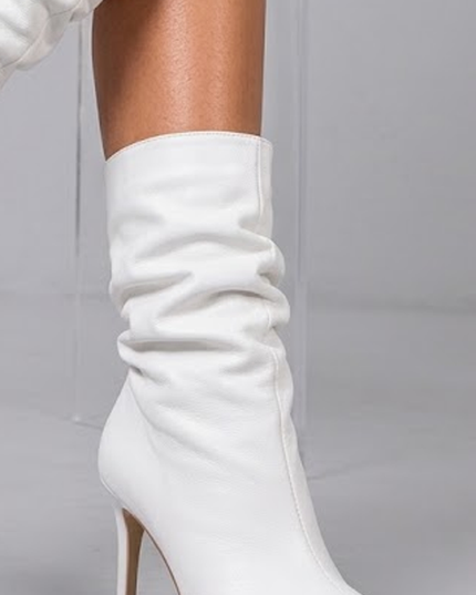 White Faux Leather Ruched High Heel Booties