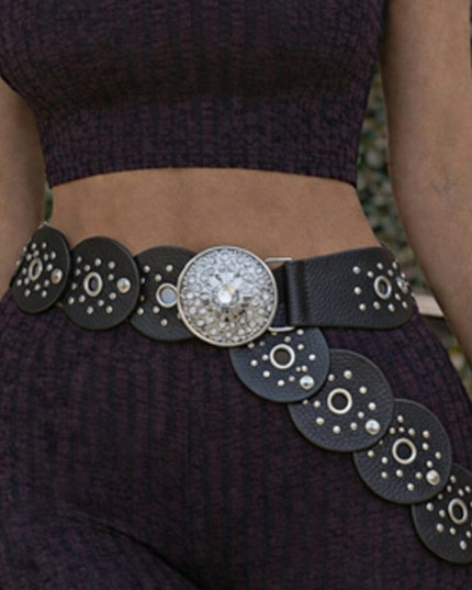 Black Silver Disc Faux Leather Boho Western Waist Belt