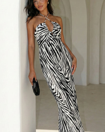 White Zebra Pleated Halter Maxi Dress