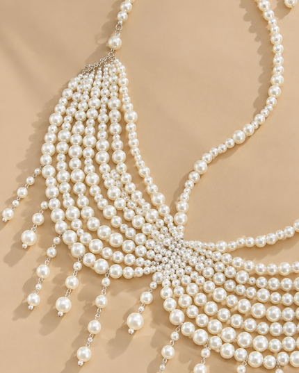White Pearl Fringe Statement Body Chain