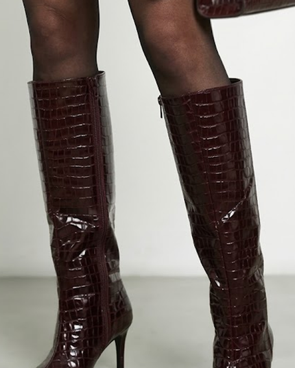 Burgundy Croc-Embossed High Heel Boots