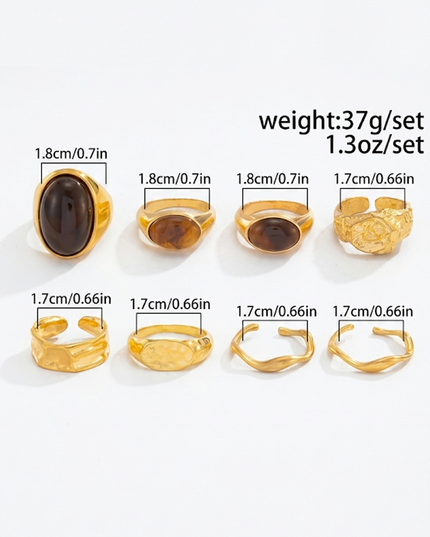 Gold Retro 8 Piece Rings Set