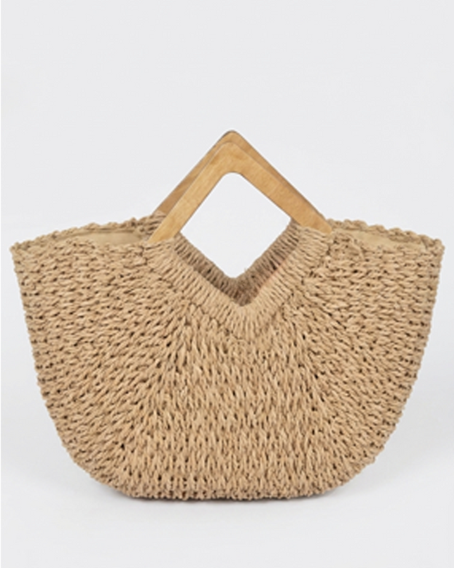 Beige Faux Straw Wood Handle Tote Bag