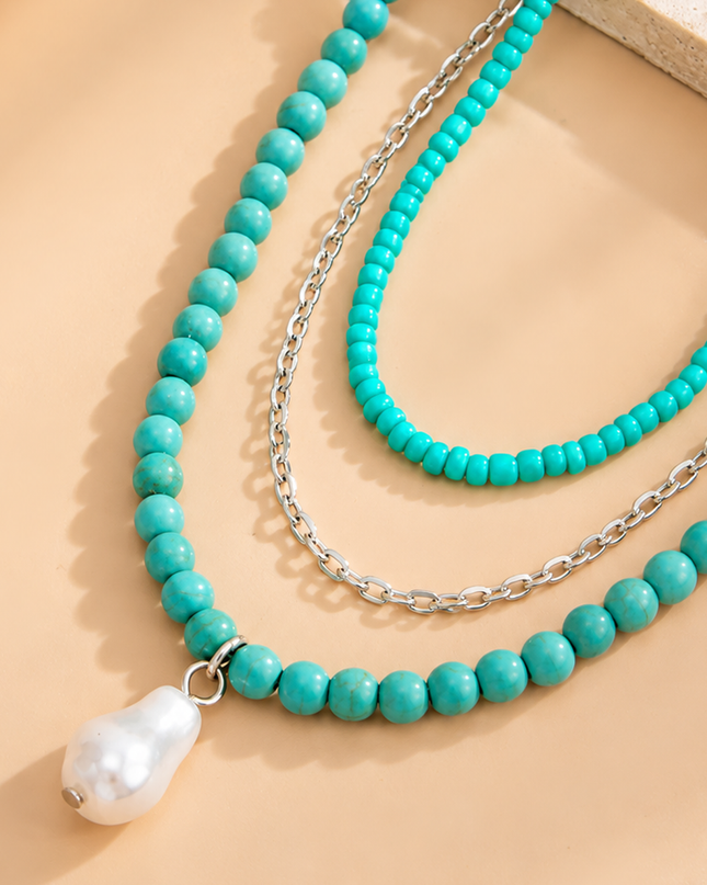 Turquoise Piece Layered Anklet Set With Pearl