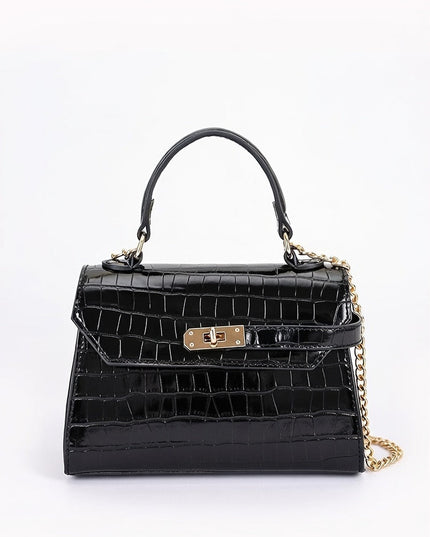 Black Faux Croc Top Handle Crossbody Bag