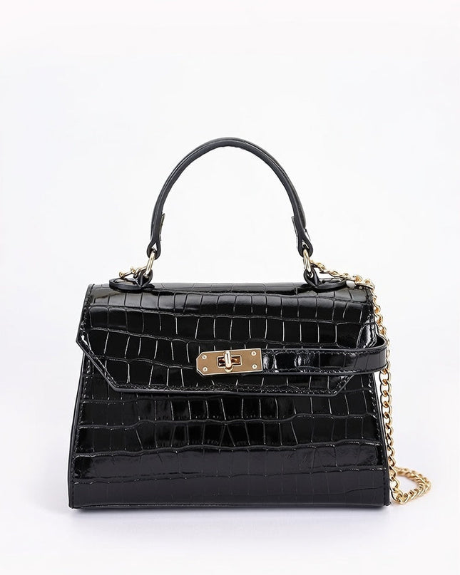 Black Faux Croc Top Handle Crossbody Bag