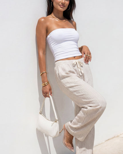 Beige Striped Linen Wide Leg Pants