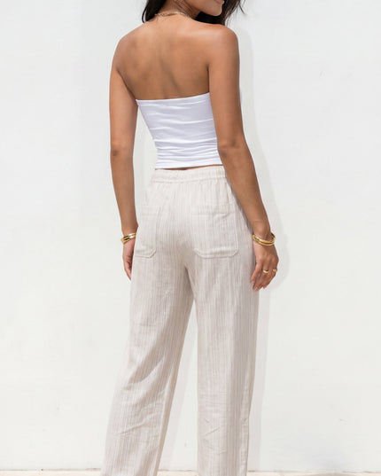 Beige Striped Linen Wide Leg Pants