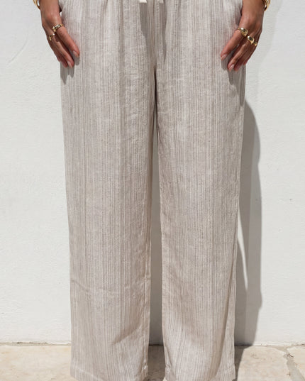 Beige Striped Linen Wide Leg Pants
