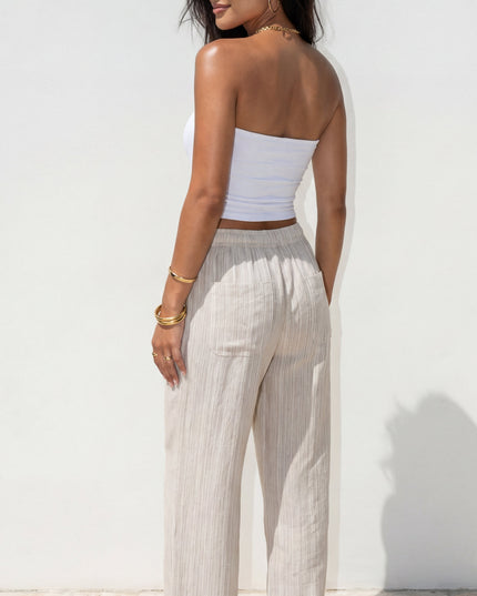 Beige Striped Linen Wide Leg Pants