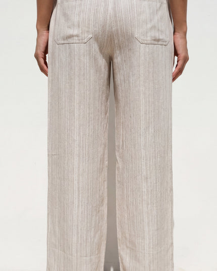 Beige Striped Linen Wide Leg Pants