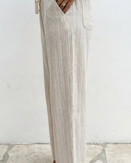 Beige Striped Linen Wide Leg Pants