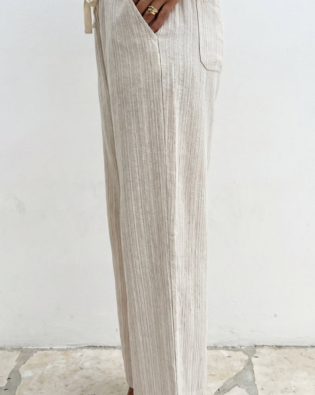 Beige Striped Linen Wide Leg Pants