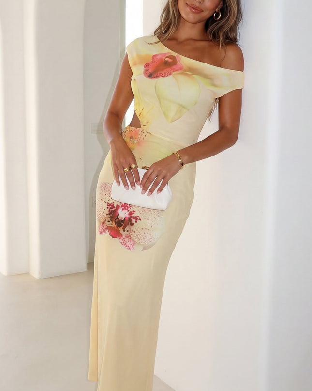 Pale Yellow Multi Floral Off Shoulder Maxi Dress