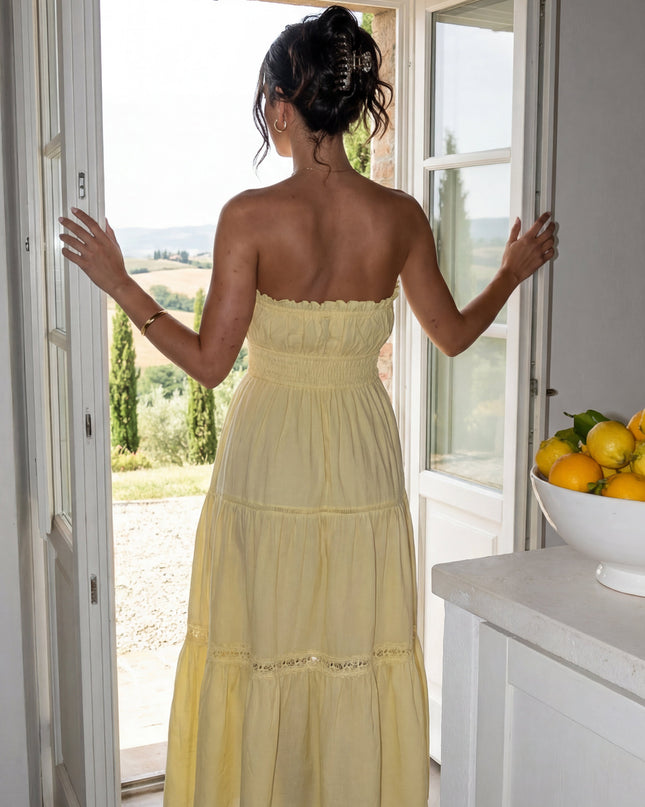 Butter Yellow Tiered Lace Strapless Maxi Dress