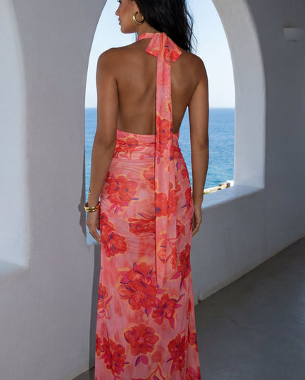 Coral Pink Floral Halter Maxi Dress