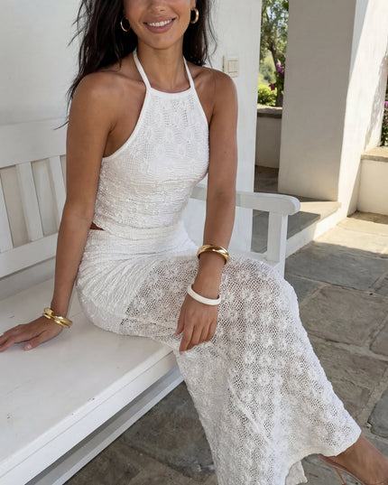 Cream White Textured Crochet Halter Maxi Set