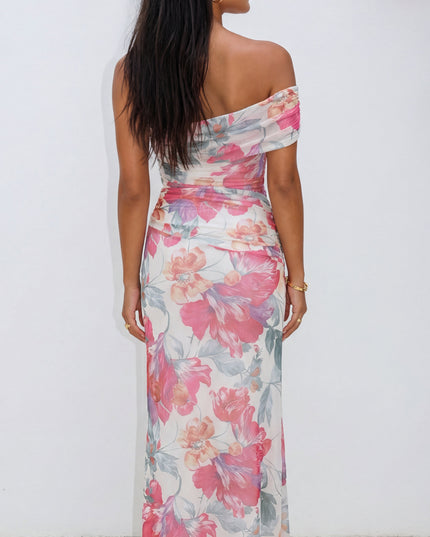 Pink Multi One Shoulder Mesh Maxi Dress