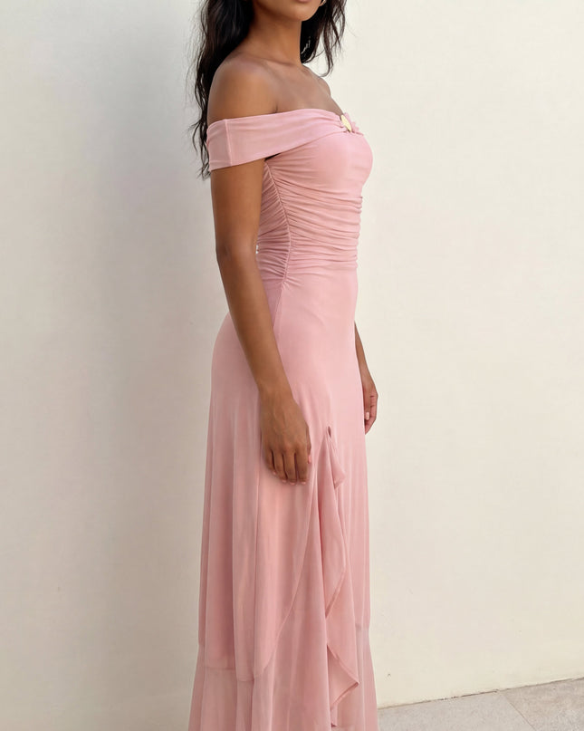 Pink Off Shoulder Mesh Maxi Dress